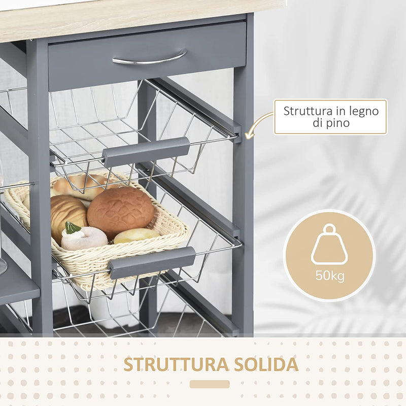 Carrello Da Cucina Salvaspazio in Grigio Scuro, Portavivande Con 1 Piano Di Lavoro 1 Cassetto E 4 Cestelli Metallici, 47X37X83Cm