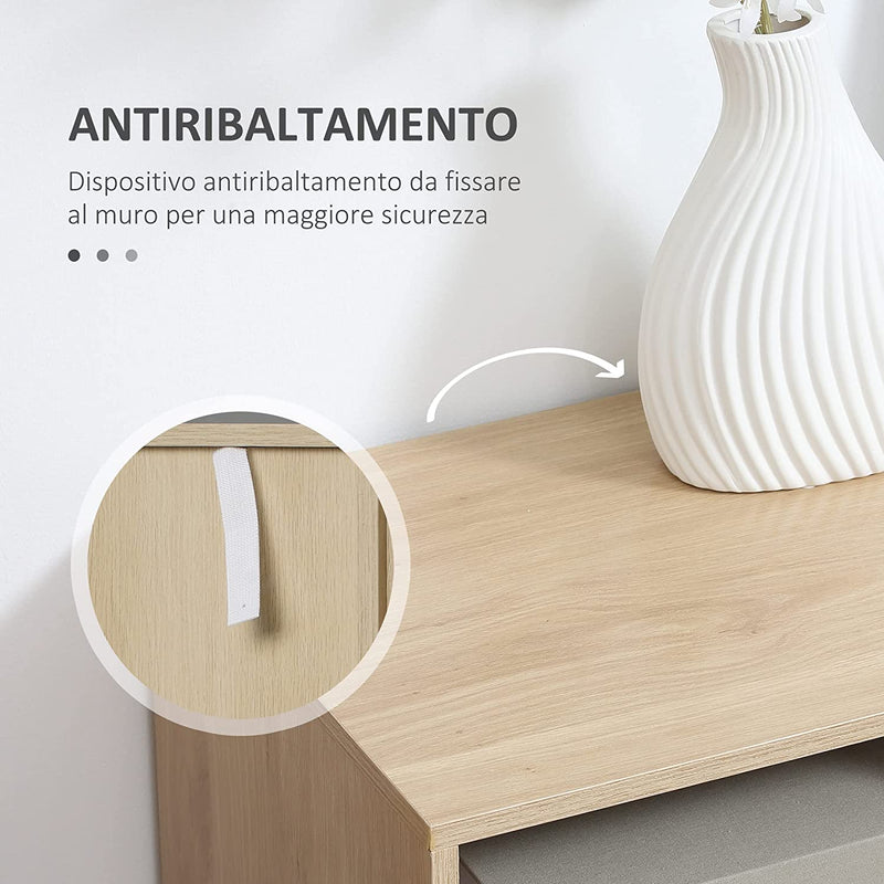 Credenza Moderna a Base Rialzata, Mobiletto Multiuso Con 3 Cassetti E 3 Ripiani Aperti in MDF, Truciolato E Acciaio, 100X40X79.5 Cm, Bianco E Color Legno