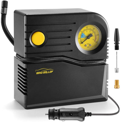 Mini Compressore Portatile per Auto, 12V Professionale, Analogico, Pompa Aria Con Manometro per Pneumatici E Adattatori per Valvole (Giallo)