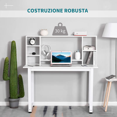 Scrivania Ufficio E Casa per Computer Con Scaffale E Ampio Piano Di Lavoro, Struttura Legno E Metallo 120X60X125Cm, Bianco