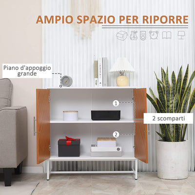 Mobiletto Basso in Truciolato E Metallo a 2 Ante Con Ripiano Regolabile a 2 Livelli, per Soggiorno, Ingresso E Cucina, 80X39X80 Cm, Bianco E Marrone