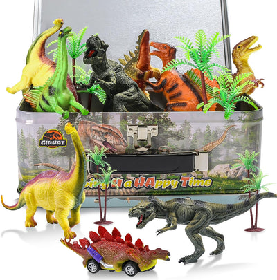 Dinosauri per Bambini, Giochi Bambini 3 2 4 5 6 7 8 Anni Dinosauro Giocattolo Con Scatola Di Stoccaggio 12 Grandi Figure Di Dinosauri Realistici - 2 Auto a Retrocarica