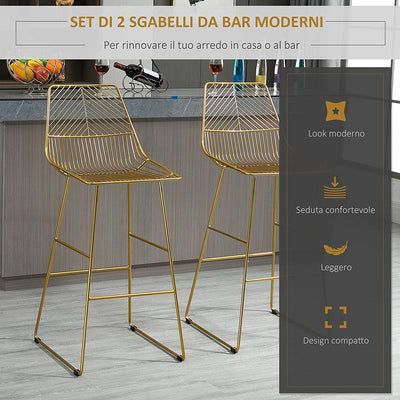 Set Di 2 Sgabelli Da Bar Alti Con Schienale E Poggiapiedi, Sgabelli Cucina Moderni Struttura in Metallo Oro per Salotto, 53X56X110Cm