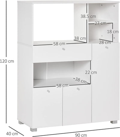 Mobile Cucina per Microonde Con Armadietti, Mensole E Cassetto, Credenza Moderna in Legno 90X40X120Cm Bianco