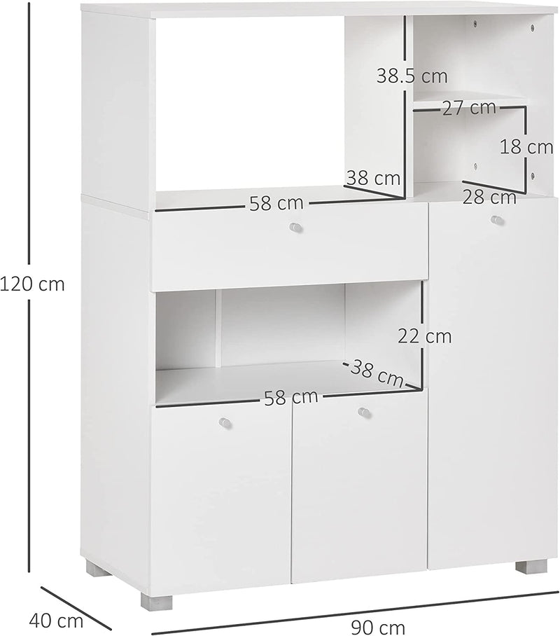 Mobile Cucina per Microonde Con Armadietti, Mensole E Cassetto, Credenza Moderna in Legno 90X40X120Cm Bianco