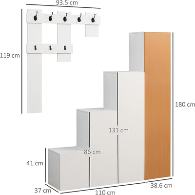 Mobile Da Ingresso Completo Con Appendiabiti, Armadio Scarpiera E Panca per Scarpe, in Truciolato E MDF, Bianco E Color Legno