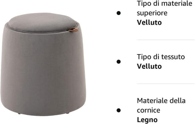 Pouf Poggiapiedi in Velluto Con Contenitore, Coperchio 2 in 1 Con Imbottitura E Lato in Legno, Tavolino Da Caffè Rotondo Ø44 X 47.5Cm, Grigio