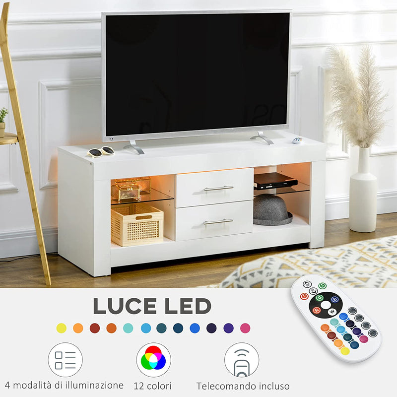 Mobile Porta TV Da 55" Con Luci LED a 12 Colori E Telecomando, Mobile Da Salotto in Legno Con Mensole in Vetro 120X40X50Cm, Bianco