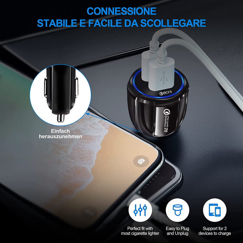 Caricabatteria Da Auto, Caricatore Accendisigari 2 Porte USB 3.0 Ricarica Veloce Compatibile Con Iphone, Samsung Galaxy, Huawei, Xiaomi, Tablet, LJ0SGV