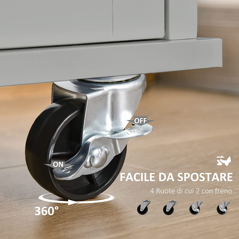 Carrello Da Cucina Multiuso Con 2 Cassetti, 3 Antine E 4 Ruote, in Legno E MDF, 121X46X91Cm, Grigio