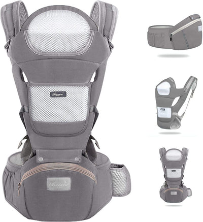 Marsupio Neonati Ergonomico, Porta Bambino Con Sedile Multiposizione, Con Poggiatesta E Cappuccio, Puro Cotone Traspirante Leggero, Ideale Neonati E Bambini Da 0-36 Mesi(Inferiore a 25Kg) Grigio