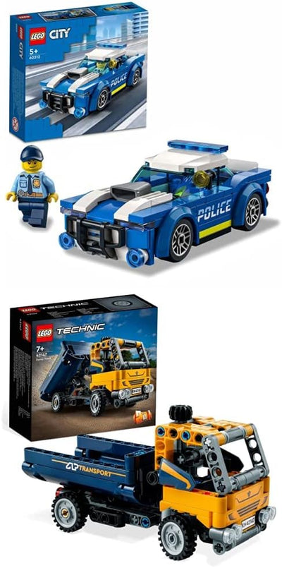 60312 City Police Car, Set Da Costruzione Con Minifigure E Macchinina Giocattolo & 42147 Technic Camion Ribaltabile, Set 2 in 1 Con Camioncino Ed Escavatore Giocattolo