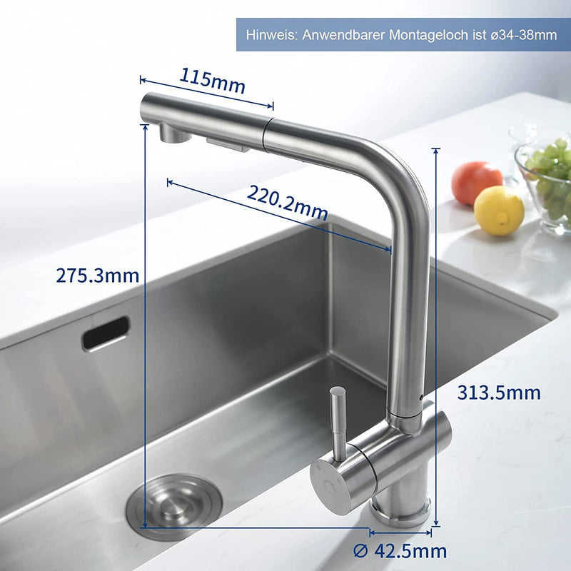 X207S Rubinetto Cucina Con Doccetta Estraibile, Miscelatore Cucina Con Doccia Estensibile, Rubinetti per Cucina Alto Con Bocca Flessibile, Girevole 360° Miscelatore Lavello Cucina, Acciaio Inox