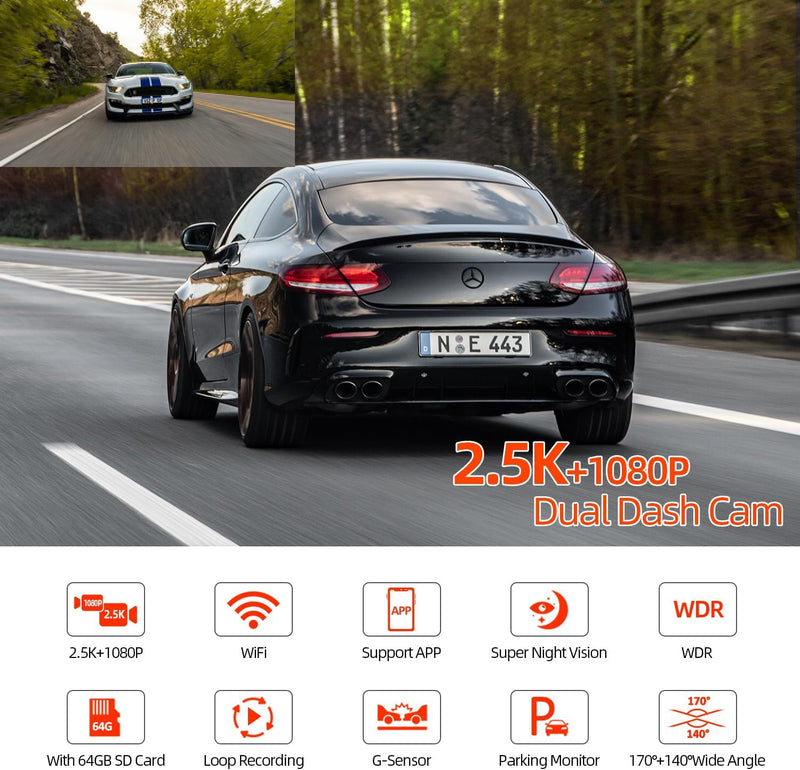 Dash Cam Auto, Wifi Telecamera per Auto, 2.5K+1080P Full HD Doppio Dash Cam, Controllo APP, WDR, Visione Notturna, Grandangolare Di 170°+140°, Monitor Di Parcheggio, G-Sensor, Registrazione in Loop