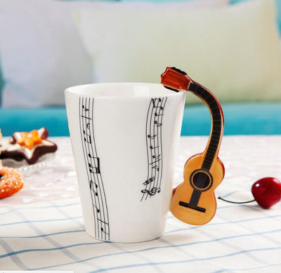 Coffee Cup with Music Notes in the Form of Saxophone Handle Ceramic Porcelain Cup of Tea Milk Method