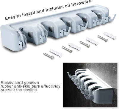 Portascopa E Portaspazzole Da Muro Attrezzi 5 Posti E 6 Ganci Supporto per Scopa E Spazzolone Robusto Salvaspazio