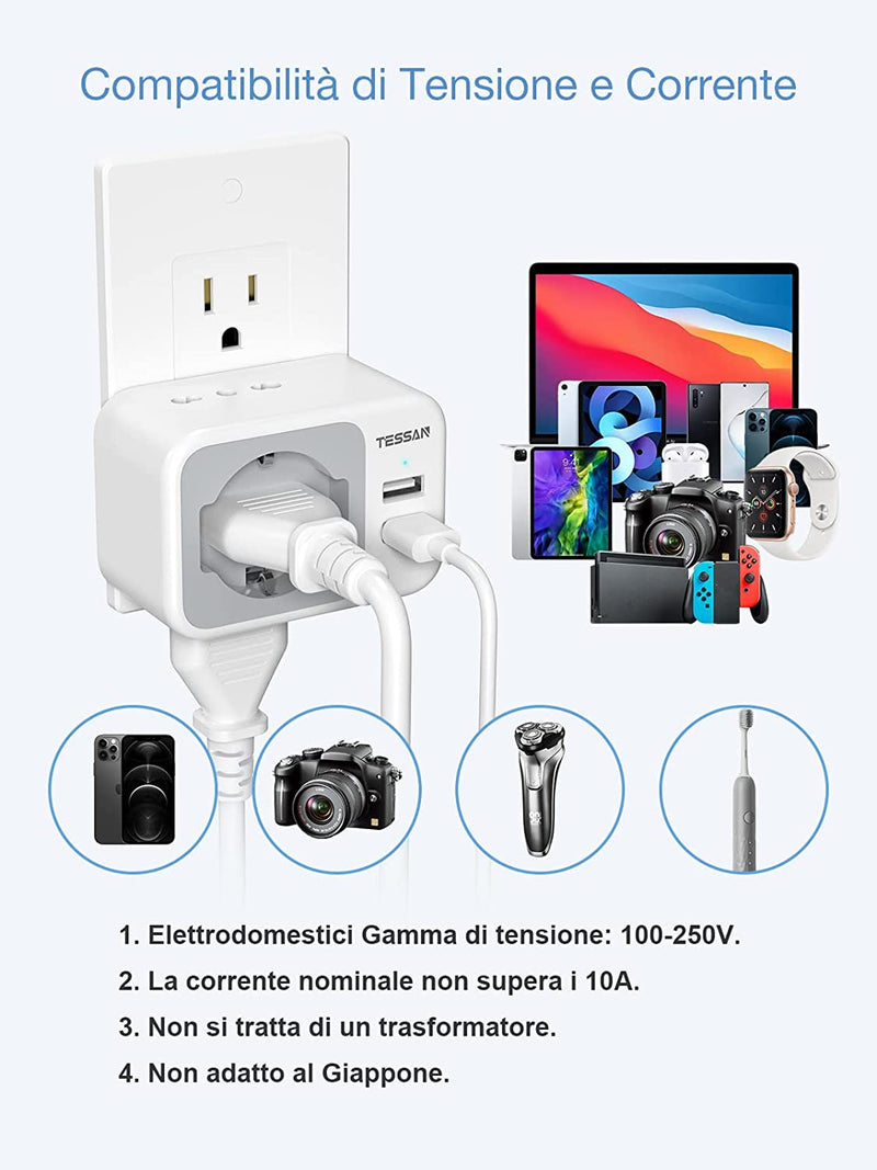 Adattatore Presa Americana Con 2 USB, Adattatore USA Con 2 Prese IT E 1 Presa Schuko, Adattatore Presa USA per America, Canada, Messico, Thailandia, Adattatore Spina Americana Tipo B