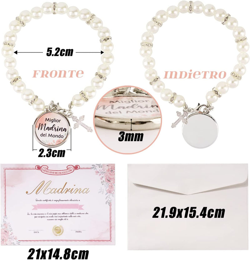 2 Set Certificato Padrino E Madrina Battesimo Diploma Biglietti Buste Braccialetto Padrino E Madrina Battesimo Perline Bracciale Regalo Battesimo Decorazione Comunione Nascita Baby Shower Fai Da Te