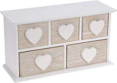 Portagioie Piccolo in Legno Con 5 Cassetti, Con Cuore in Legno Bianco, Cofanetto Portagioie