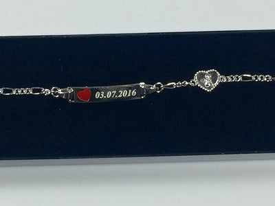 Bracciale Con Incisione Nome per Neonati/Bambini - Argento 925 Con Cuore Rosso E Angioletto / 16 Cm/Completo Con Scatola Da Regalo