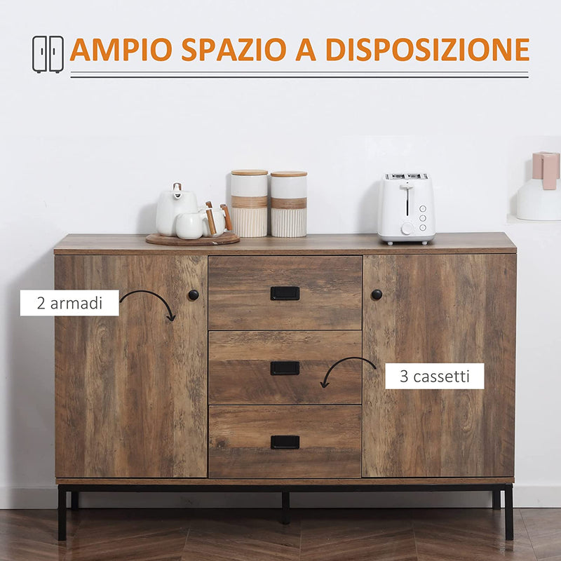 Credenza Moderna in Truciolato E Metallo per Cucina E Soggiorno Con 2 Armadietti a 2 Ante Con Ripiani Regolabili E 3 Cassetti, 120X39.5X77 Cm, Marrone