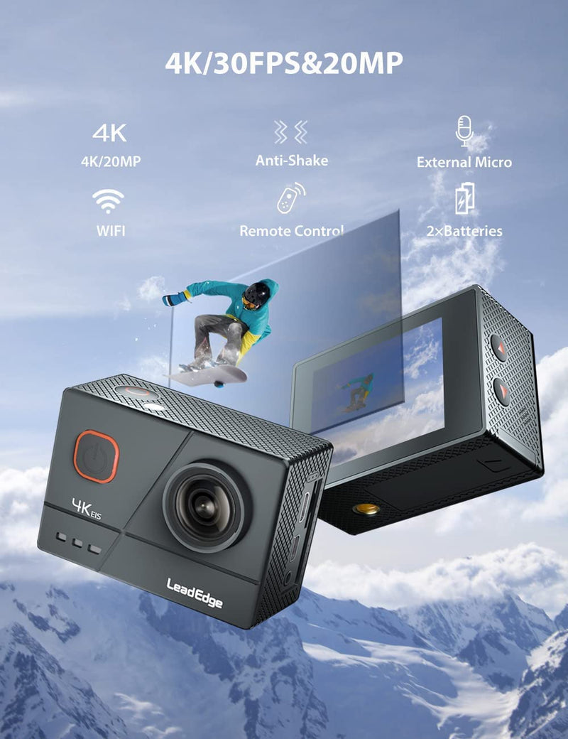 Action Cam 4K/30FPS 20MP EIS Microfono Esterno Wifi Telecomando 2.0 IPS Grandangolare Immersione Subacqueo Di 40 Metri Impermeabile Action Cam 4K 2X1050Mah Batterie E Accessori