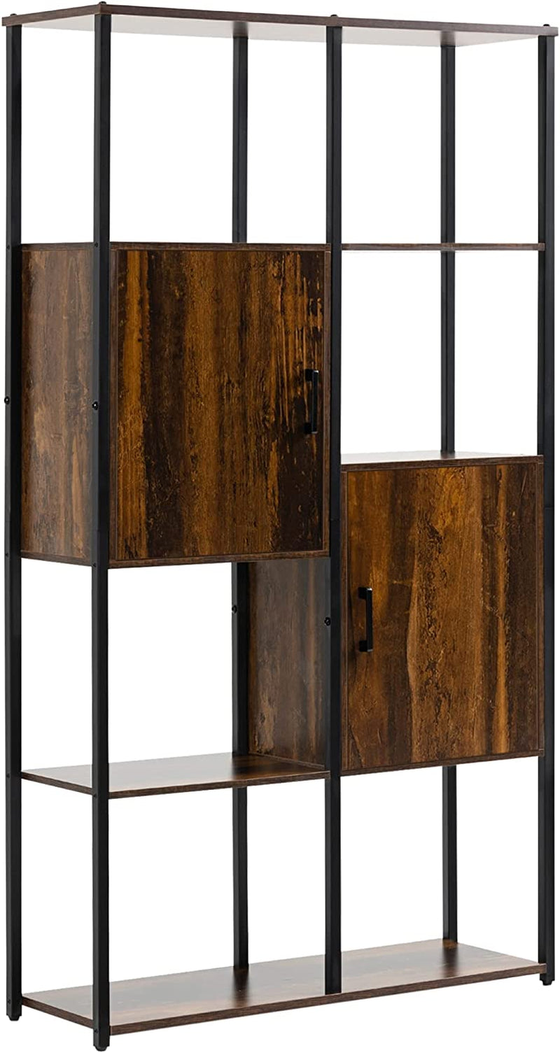 Libreria Moderna Stile Industriale Con 4 Ripiani E 2 Armadietti, Scaffale in Metallo E Legno per Casa E Ufficio, 90X30X159.5Cm, Nero E Marrone