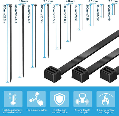 Fascette per Cavi, 100 X 2,5 Mm, Confezione Da 100, Fascette in Nylon Premium, Fascette in Plastica Multiuso, Meccanismo Autobloccante Sicuro, per Casa, Giardino, Ufficio E Fai Da Te