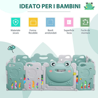 Recinto per Bambini Box Modulare 14 Pezzi, Porta Con Blocco E Giochi Integrati, Plastica PP, 154X154X62Cm, Verde