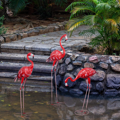 Flamingo Garden Statue E Sculture, 3 Pz Metallo Grande Rosso Flamingo Uccelli Figure Yard Art Ornamenti per Giardino Patio Prato Backyard Decor (Rosso)