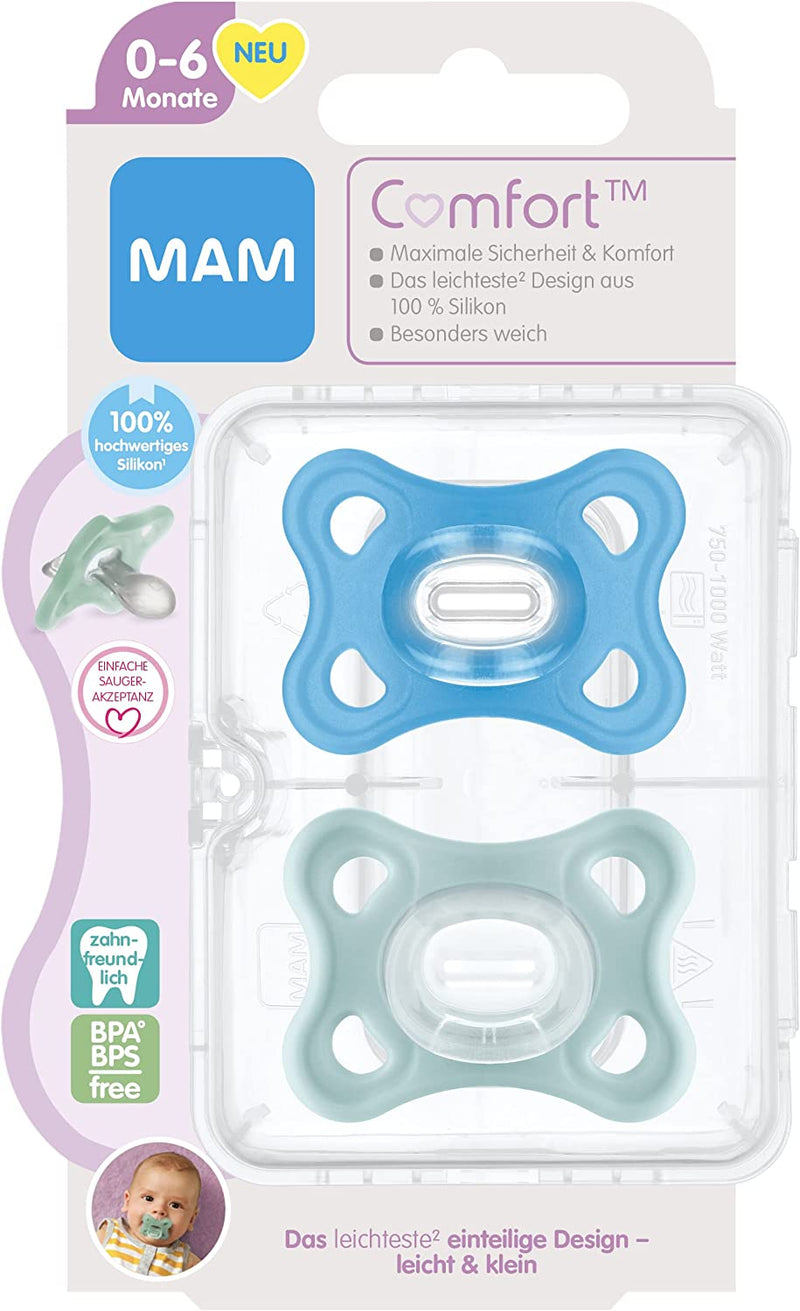 Istruzioni in Lingua Straniera  Ciuccio Comfort in Set Da 2 Pezzi, Particolarmente Piccolo E Leggero, 100% Silicone Con Tettarella Morbida Skinsoft E Scatola per Ciuccio, 0-6 Mesi, Blu/Menta