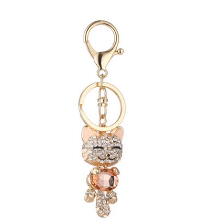 Fashion Enamel Lucky Cat Crystal Keychain Alloy Keyring for Women Party Gift Key Chains