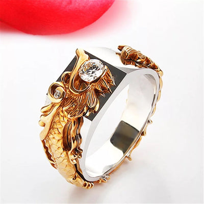 New Men'S Domineering Dragon Pattern Two-Color Zircon Rhinestone Ring Fashion Punk Hip Hop