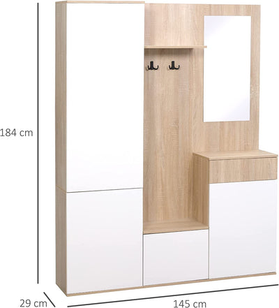 Mobile Da Ingresso 4 in 1 in Truciolato Con Specchio, Ganci E Ripiani Regolabili Interni, 145X29X184 Cm, Bianco E Color Legno