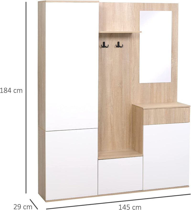 Mobile Da Ingresso 4 in 1 in Truciolato Con Specchio, Ganci E Ripiani Regolabili Interni, 145X29X184 Cm, Bianco E Color Legno