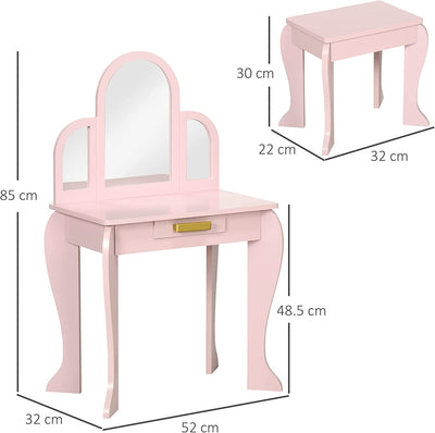 Tavolo per Trucco per Bambine 3-6 Anni Con Sgabello, Cassetti E Specchio Coordinato in Acrilico, in MDF E Legno Di Pino, Rosa