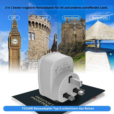 Adattatore Presa Inglese, Adattatore Spina Inglese Con 2 USB, Adattatore UK per Gran Bretagna, Qatar, Irlanda, Gambia, Adattatore Prese Inglesi 3250W, Adattatore Presa Inglese a Spina Italiana