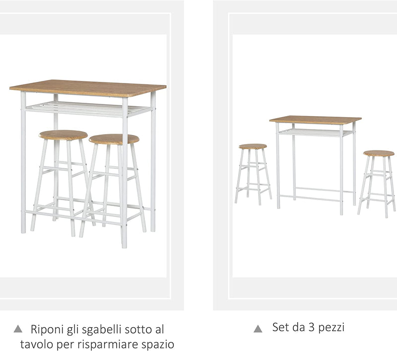 Set Bancone Bar Con 2 Sgabelli Alti in Legno Stile Nordico, Tavolo Alto Con Mensola E Sgabelli Cucina Con Poggiapiedi, Bianco