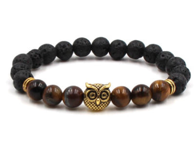 Foreign Trade Aliexpress Best Selling 8Mm Natural Stone Black Lava Volcanic Stone Bracelet Gold Alloy Owl Bracelet