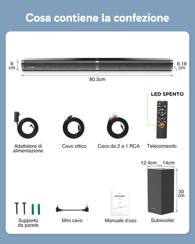 HCLR-TV 2.1 Soundbar per TV, Bluetooth Sound Bar Con Subwoofer Cablato, Altoparlante Surround per L'Home Cinema Tv,Con 5 EQ Modalità, Con Ottica/Aux/Usb/Sd,Telecomando E Kit Di Montaggio, Nero