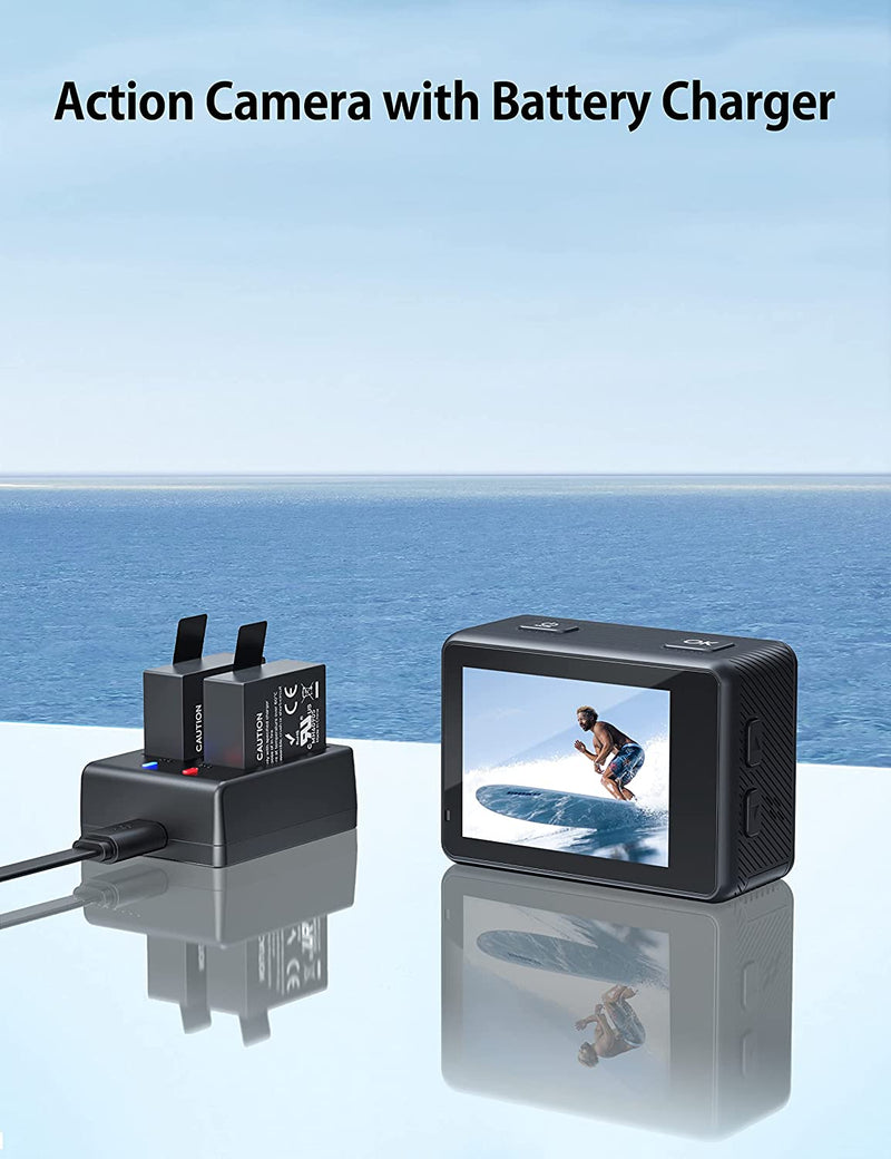 Action Cam 4K Wifi 60FPS Fotocamera Subacquea Impermeabile Da 40M Con Microfono Wireless E Fotocamera per Casco a Doppio Schermo per Lo Snorkeling, La Guida in Bicicletta E Vlog