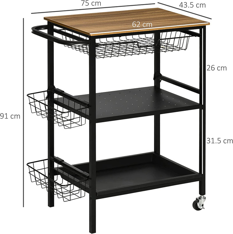 Carrello Da Cucina a 3 Livelli Con 2 Ruote, Un Cesto Estraibile E Un Vassoio in MDF E Acciaio, 75X43.5X91 Cm, Color Legno E Nero