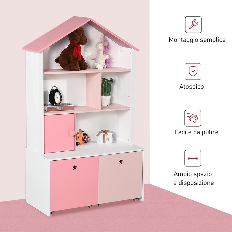 Libreria Scaffale Portagiochi Rosa per Cameretta Bimbi E Ragazzi Con 2 Cassetti Estraibili, 80 X 34 X 130 Cm