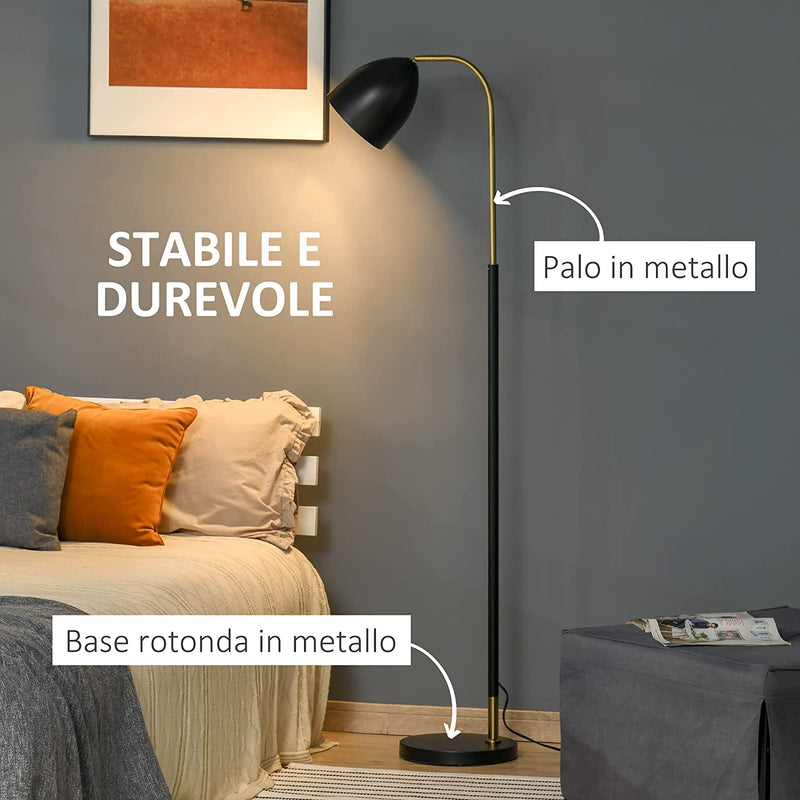 Lampada Da Terra Ad Arco Con Paralume Regolabile, Lampada Da Pavimento Moderna per Lampadine E27 40W, Metallo Nero E Oro, 43X28X160Cm