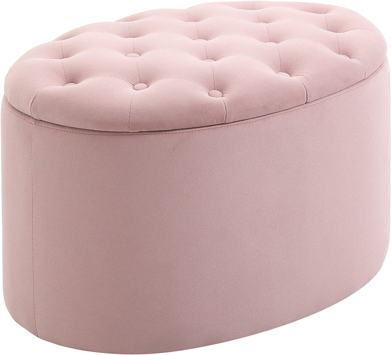 Pouf Contenitore Con Coperchio Imbottito E Trapuntato, Poggiapiedi in Velluto Ovale per Salotto E Camera Da Letto, Rosa