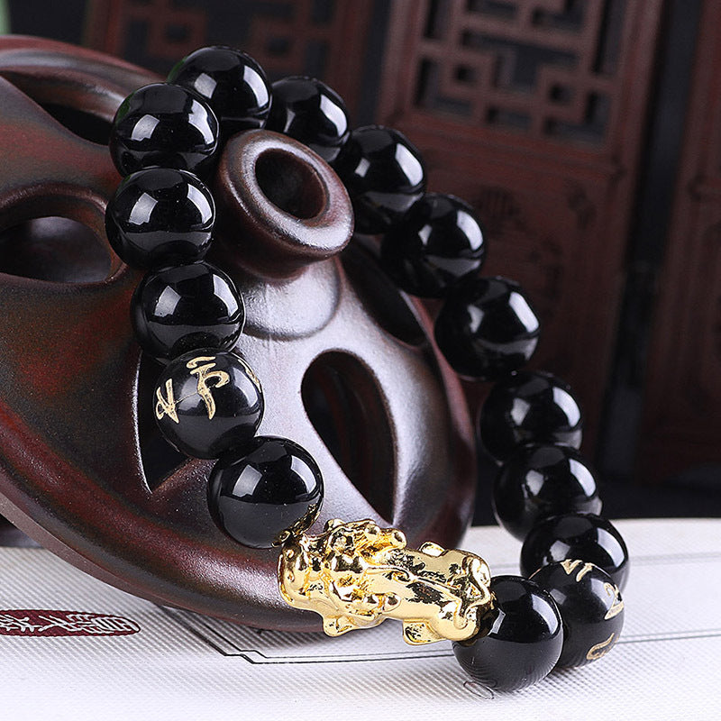 Obsidian 18K Gold Bracelet Six Brave Words on Hand and Little Pearl Transport Gifts Wholesale