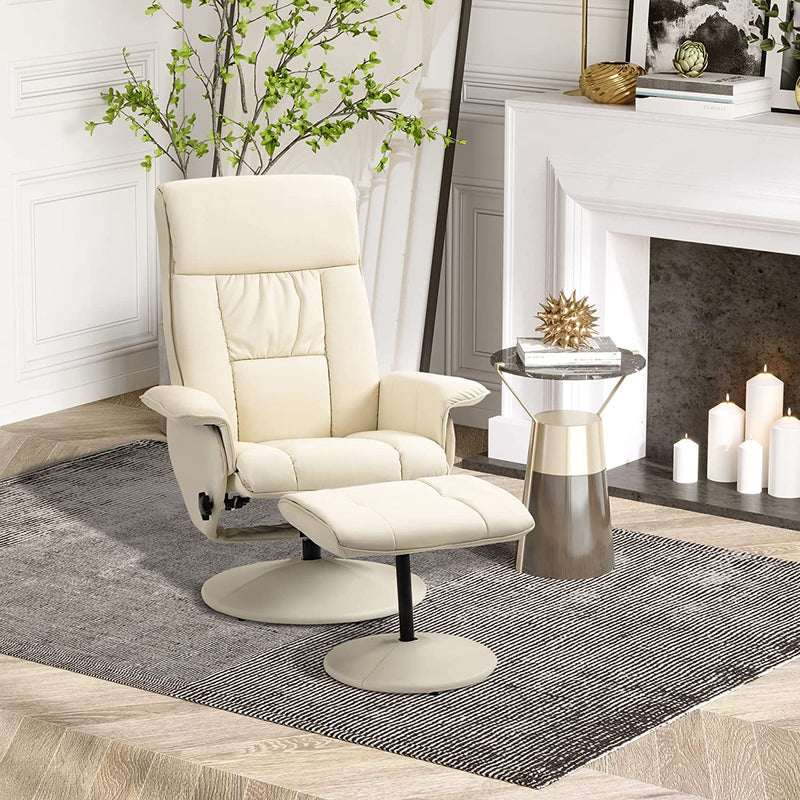 Poltrona Relax Reclinabile Fino 135° Con Seduta Girevole E Pouf Poggiapiedi Abbinato, 80X69X110Cm, Crema