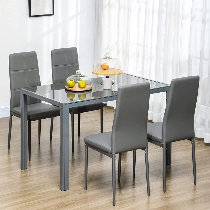 Set Da Pranzo 5 Pezzi Con 1 Tavolo Da Pranzo E 4 Sedie Moderne per Cucina O Sala Da Pranzo in Similpelle, Metallo E Vetro Temperato, Grigio