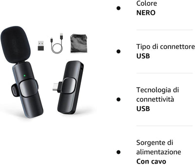 Microfono Wireless Type CP1(C) 2,4 Ghz Microphone Con Interfaccia Tipo C per Smartphone, Tablet, Laptop per Youtube, Vlogging, Live Stream, Microfono -Wireless-Smartphone-Android-Pad