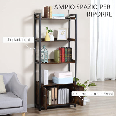 Mobile Libreria 4 Ripiani Con Armadietto a 2 Ante in Stile Industriale per Casa E Ufficio, 75X30X180Cm, Marrone